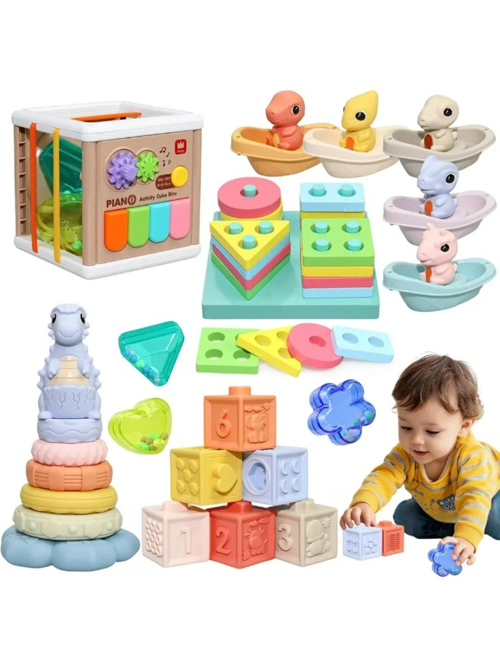 Montessori Baby Toys 6-12 Months, 5-in-1 Sensory Learning Set, Stacking Blocks